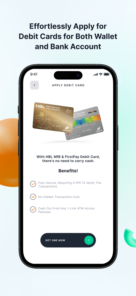 Screenshot of First Pay app showing options to apply for HBL Microfinance Bank and First Pay debit cards.