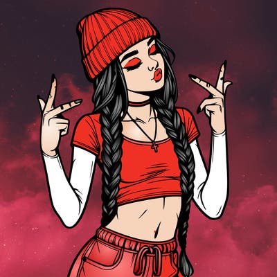 realistic teenage girl with braids and a beanie and crop top doing 🫶🏼