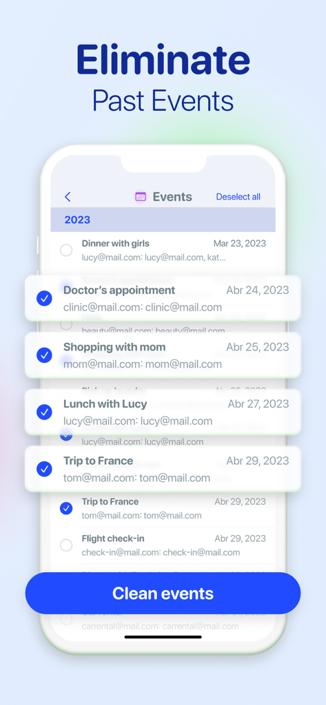 Interface showing the event remover feature of AI Cleaner to delete past calendar entries