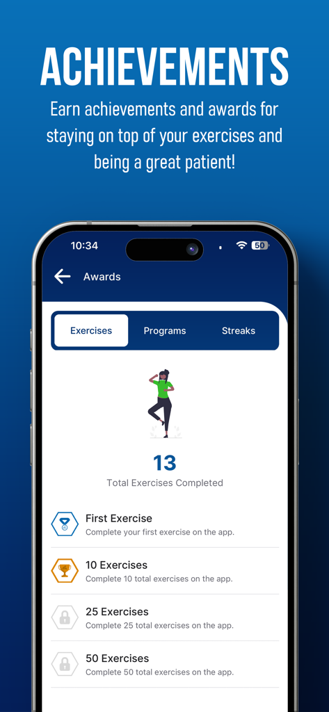 Orthopedic & Spine PT - Pantalla de la aplicación móvil que muestra los logros del paciente y los premios por ejercicios para el progreso de la fisioterapia.