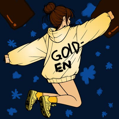 realistic girl jumping with a bun and oversized sweatshirt