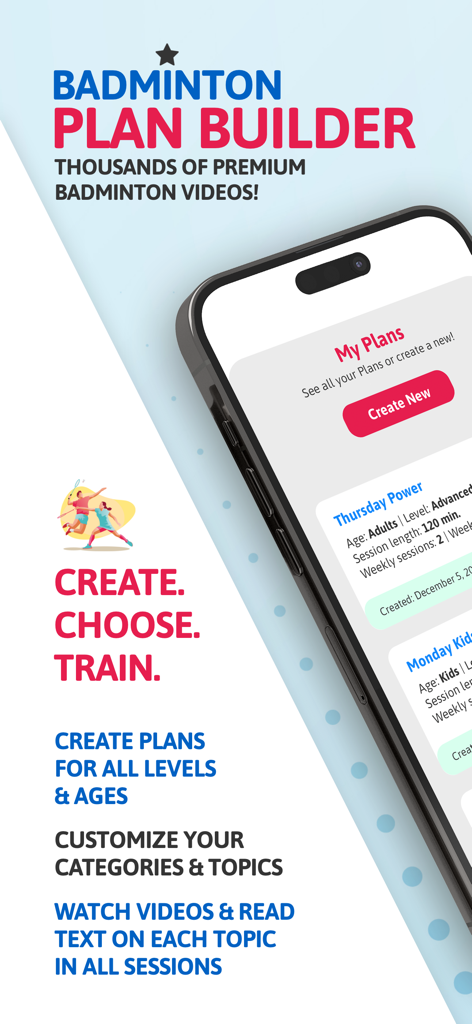 Benutzeroberfläche der Badminton Famly plus App zur Erstellung benutzerdefinierter Trainingspläne.