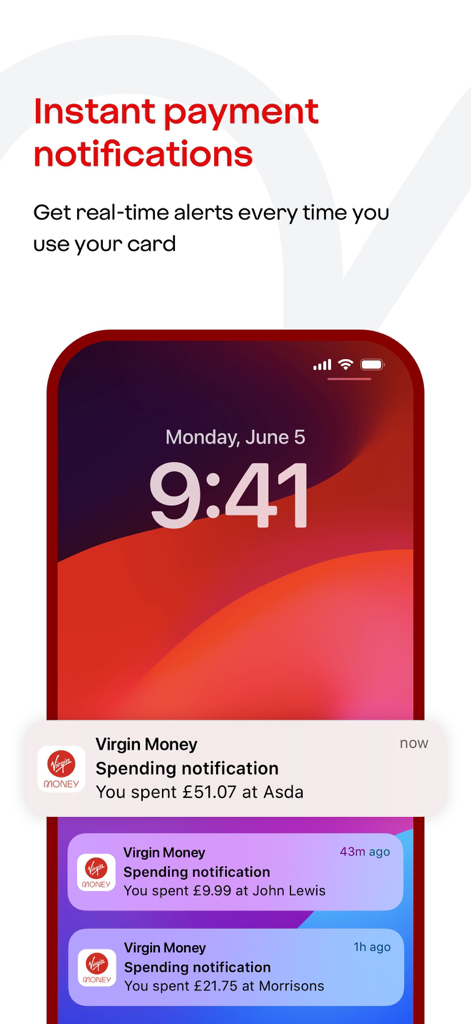 Virgin Money Credit Card - Virgin Money app showing real-time spending notifications on a smartphone lock screen