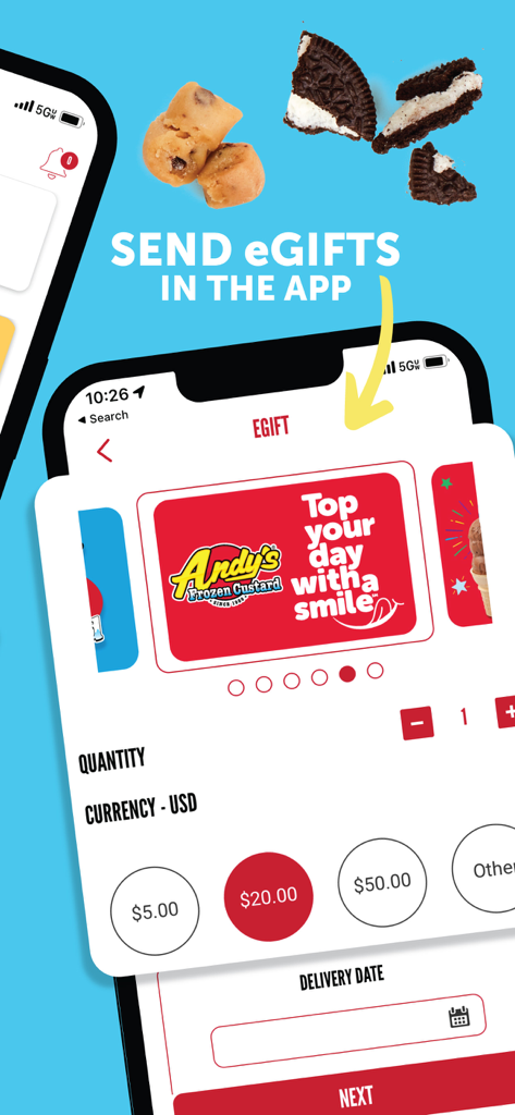 Andy's Frozen Custard - A screenshot of the Andy's Frozen Custard mobile app showing the interface for purchasing and sending eGifts with various dollar amounts.