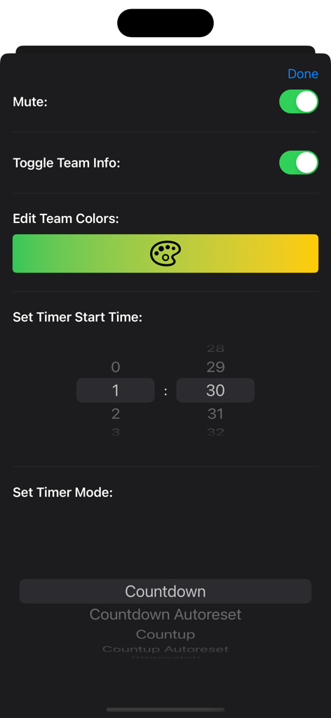 Coach's Edge - Settings menu in the Coach's Edge app for setting timer start time, mode, and team colors