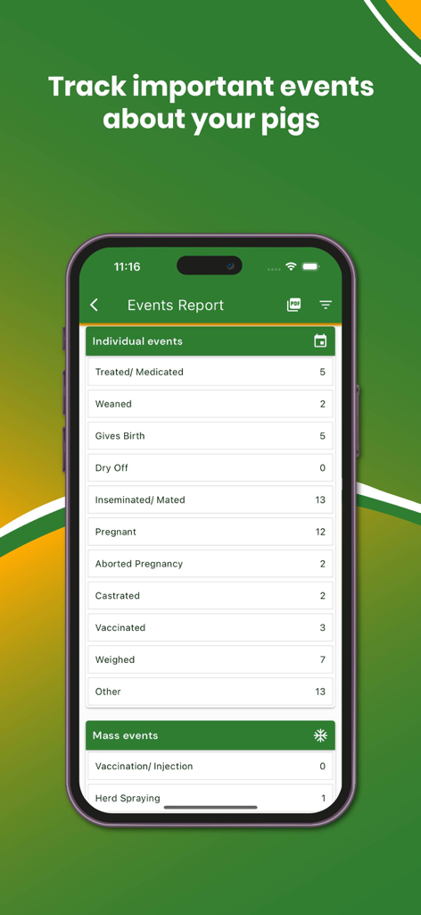 My Piggery Manager - Farm app - Piggery management app interface displaying a detailed report of farm events including weaning breeding and health treatments