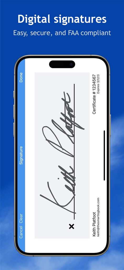 Digital signature capture screen for FAA compliant pilot logbooks