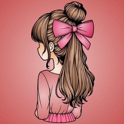 realistic girl  with hip length hair a bun and a big bow on the back of head