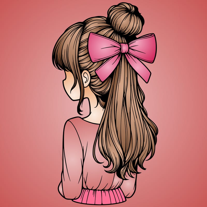 realistic girl  with hip length hair a bun and a big bow on the back of head