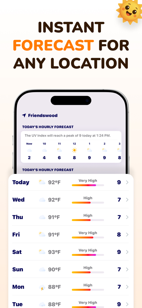 Sunkissed – SPF Tanning App - Sunkissed app interface displaying daily UV index and temperature forecasts.