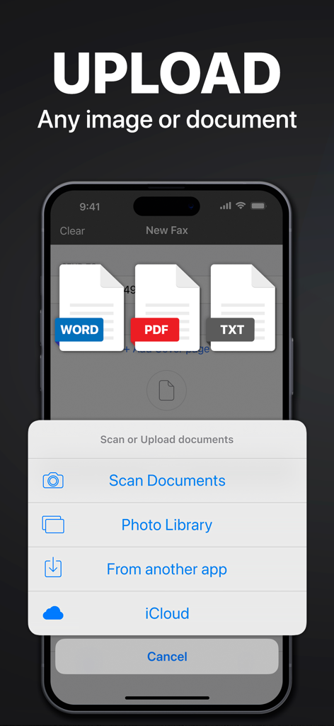 Interface showing options to upload Word PDF and text documents to send a fax from iPhone