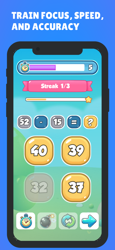 Benutzeroberfläche der Math Ninja Dojo App, die eine Subtraktionsaufgabe mit Multiple-Choice-Antworten für Kinder zeigt