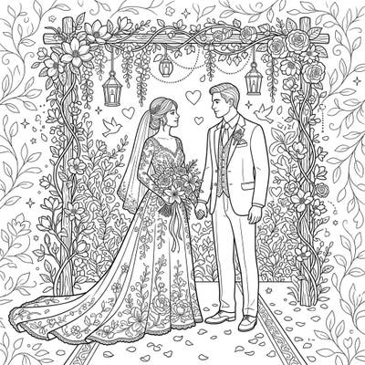 Step into a world of romance with this beautiful wedding celebration coloring page. Featuring a happy couple surrounded by intricate natural elements, it's perfect for capturing the magic of their special day.