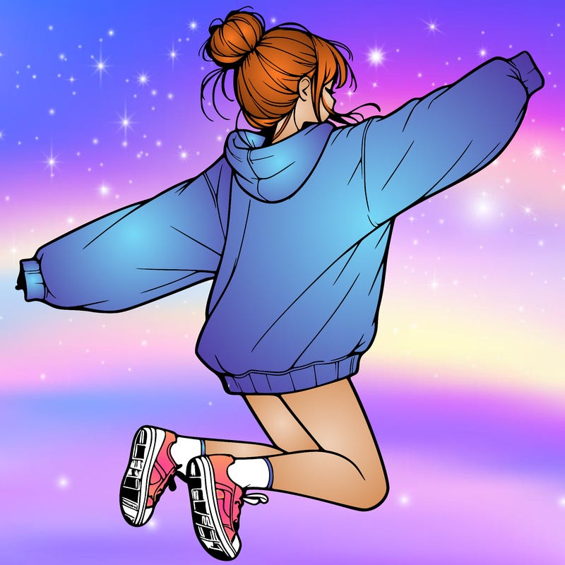 realistic girl jumping with a bun and oversized sweatshirt