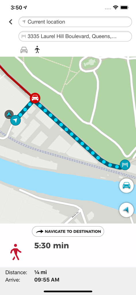 Door to Door Navigation - Mapa de rota de caminhada no aplicativo Nissan Door to Door Navigation mostrando distância e tempo de chegada
