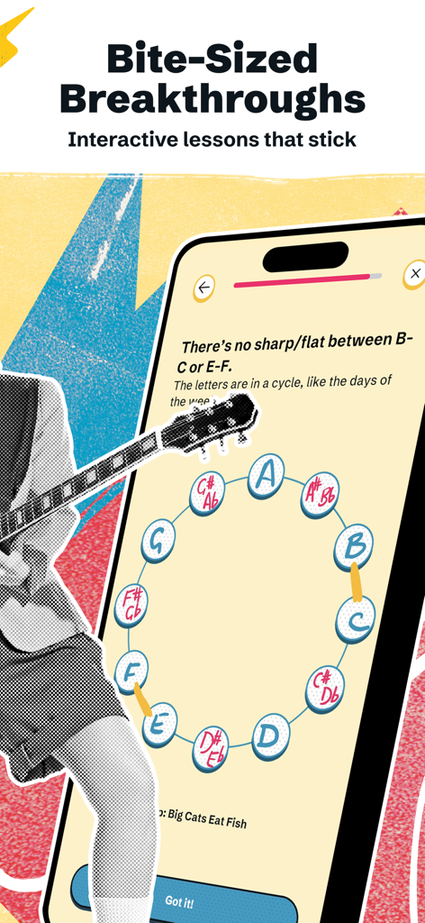 Music Theory by Justin Guitar - A smartphone displaying an interactive music theory lesson from the Justin Guitar app with a circular diagram of musical notes.