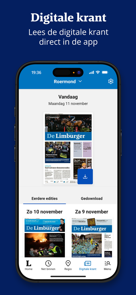 De Limburger app digital newspaper screen showing daily local news editions for the Limburg region.