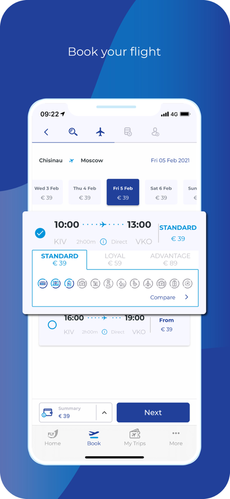 FLYONE - FLYONE mobile app interface showing flight selection and price options for different fare classes.