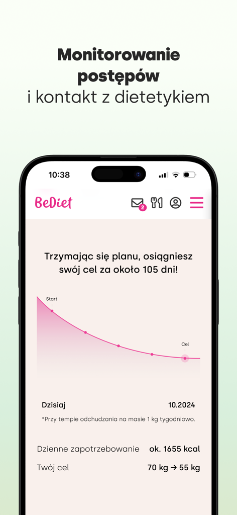 BeDiet Dieta Ewy Chodakowskiej - BeDiet app interface showing a weight loss progress chart and daily calorie targets.