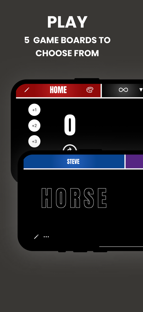 Basketball Scoreboard - HOOP - A selection of basketball game boards in the HOOP app including a standard scorekeeper and HORSE mode.