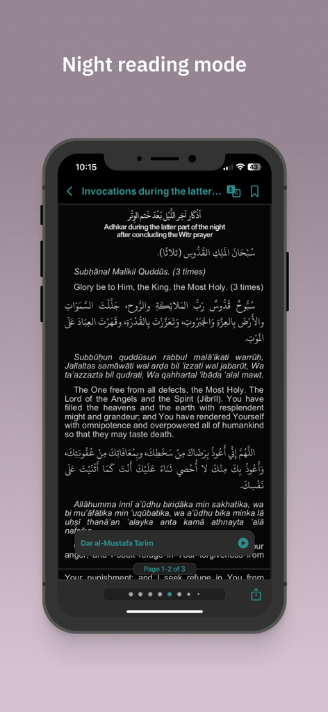 BaAlwi - Smartphone screen showing the BaAlwi app in night mode with Arabic and English prayers