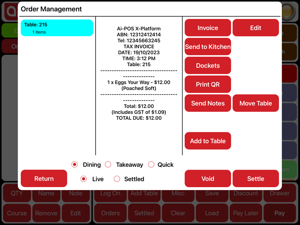 Ai-POSX - Ai-POSX order management interface showing an invoice summary and service options on an iPad