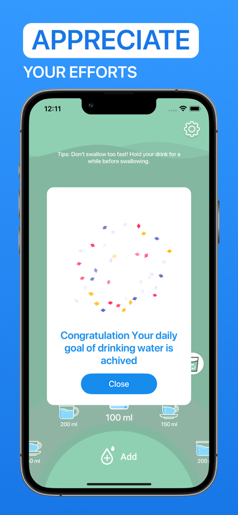 Water Now: Daily Drink Tracker - Water Now app showing a congratulations message for reaching the daily water intake goal