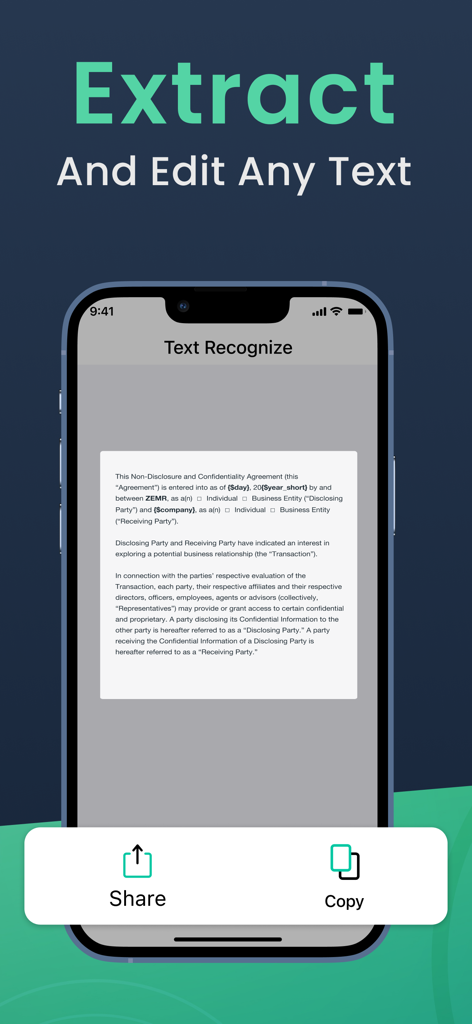 PDF Scanner App for Documents - Pantalla de smartphone mostrando la función de reconocimiento de texto extrayendo texto de un documento escaneado con opciones para compartir o copiar.