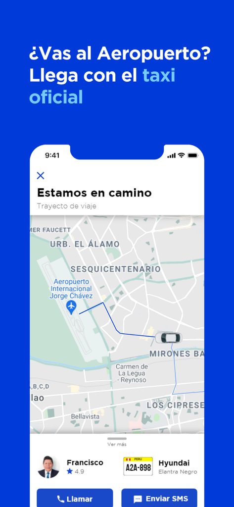 Directo - Directo app interface showing real-time driver tracking on a map toward Jorge Chavez International Airport