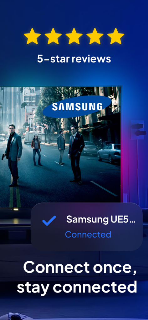 Remote for Samsung TV, Control - App telecomando Samsung che mostra lo stato di connessione riuscita e una valutazione a cinque stelle