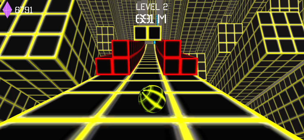 Jugabilidad de Dead Slope 3D que muestra una bola de neón en una pista de cuadrícula amarilla con obstáculos rojos