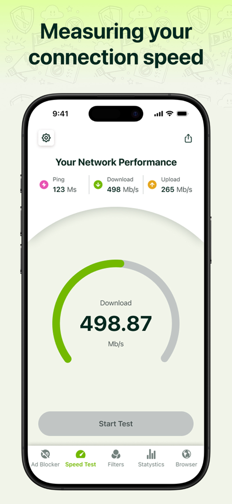 All Ads Blocker - Anti SPAM - All Ads Blocker app interface showing network speed test results