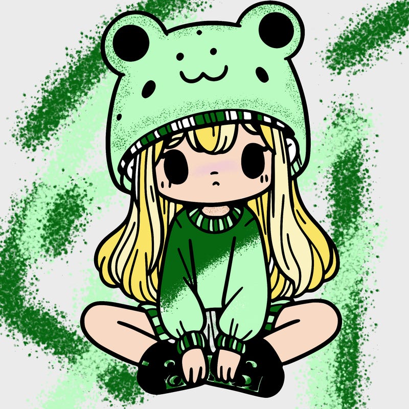 a girl wearing a frog hat and some frog socks