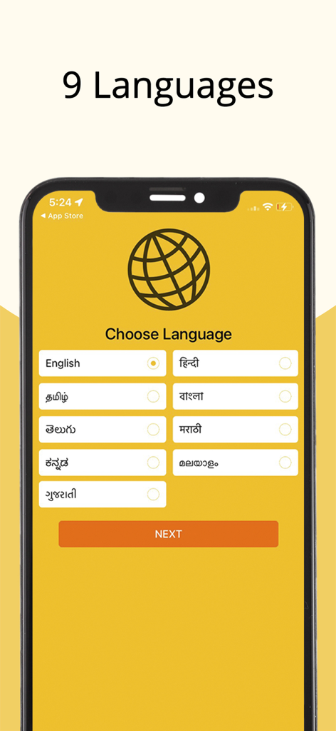 Language selection screen in AstroSage Kundli app showing options for nine languages including Hindi Tamil and English