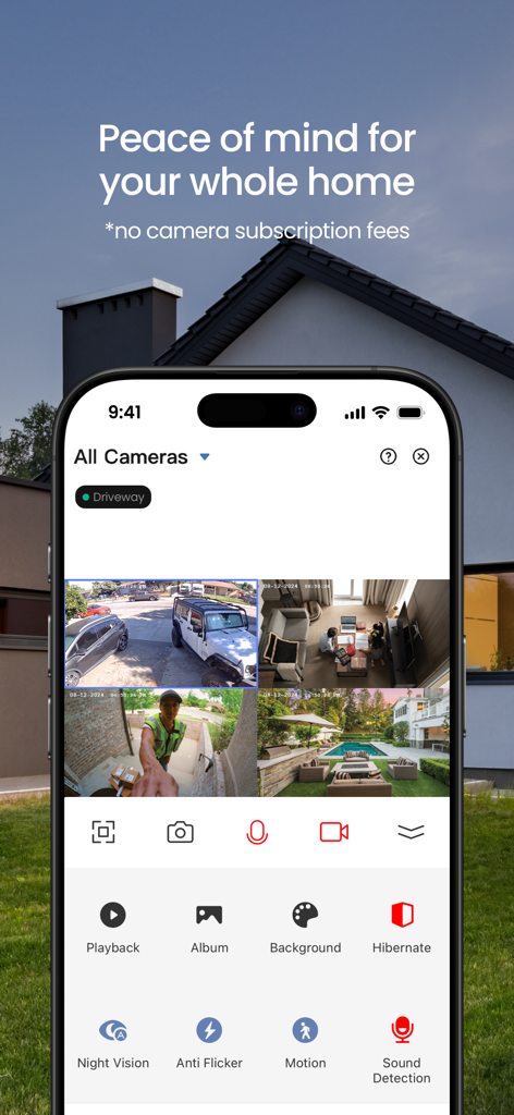 Feit Electric - Tela do aplicativo Feit Electric exibindo uma visualização multicâmera para segurança doméstica, incluindo áreas de garagem e piscina.