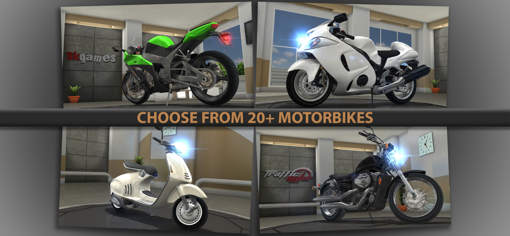 Traffic Rider - Una muestra de diferentes motos y scooters disponibles en el garaje del juego Traffic Rider