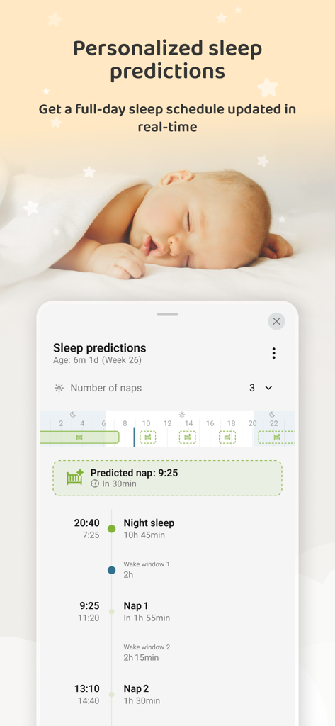 Baby Daybook app screen showing personalized sleep predictions and a real-time daily nap schedule