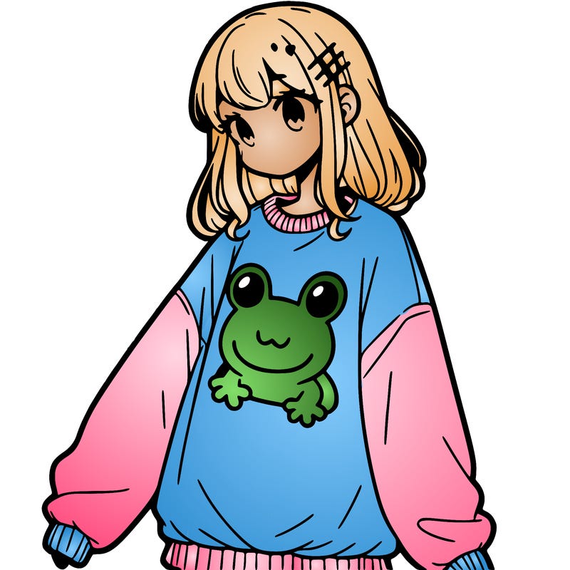 girl wearing frogging sweatshirt