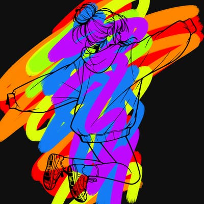 realistic girl jumping with a bun and oversized sweatshirt