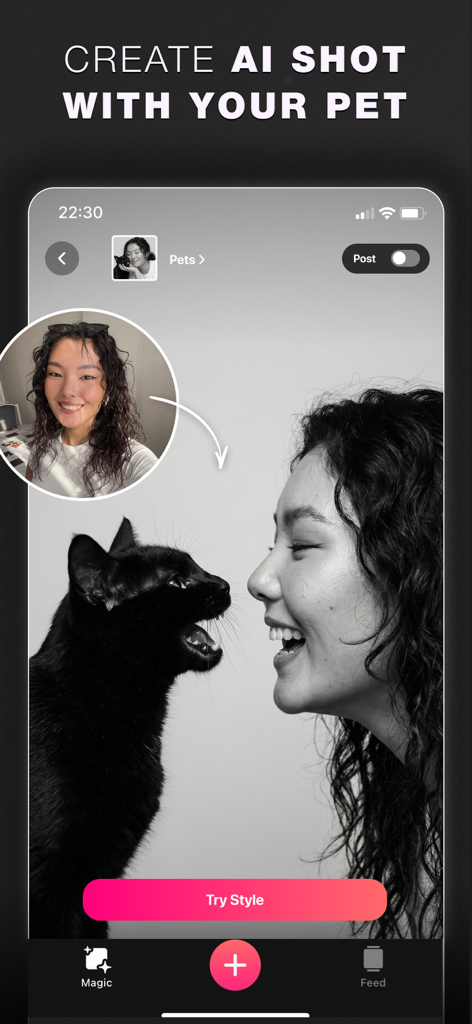 Interfaz de la aplicación Glam AI mostrando una sesión de fotos en blanco y negro de una mujer con su gato