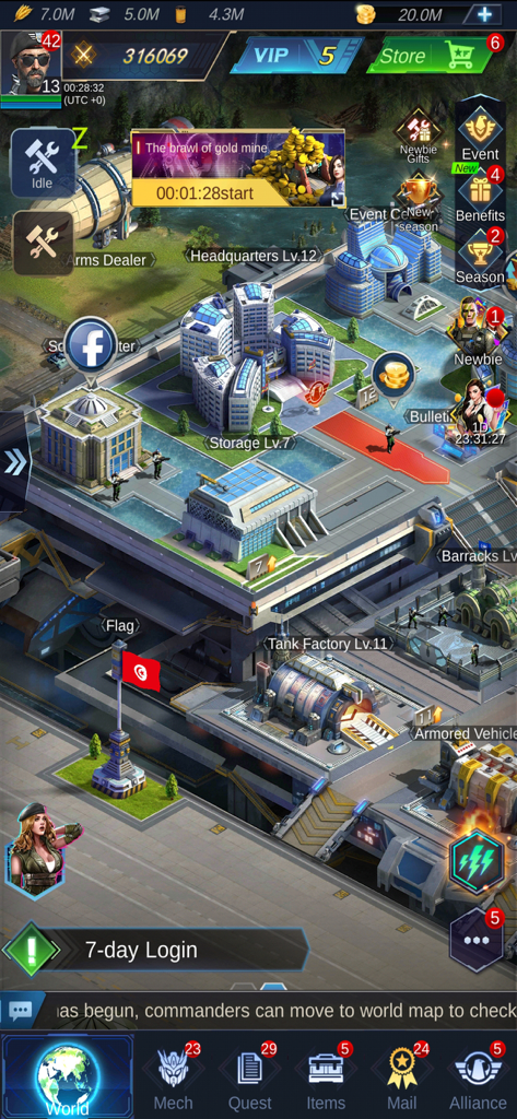 Vista dentro del juego de una pantalla de gestión de base militar en Warfare Strike Global War mostrando cuartel general e íconos de recursos