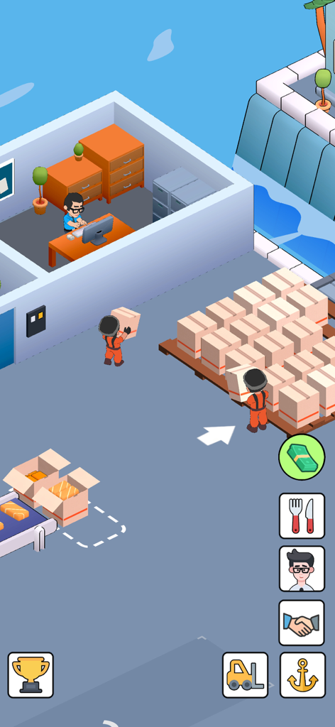 My Fishing Market  Idle Empire - Trabajadores apilando cajas de mariscos en la vista de gestión del almacén de Mi Mercado de Pesca Imperio Inactivo