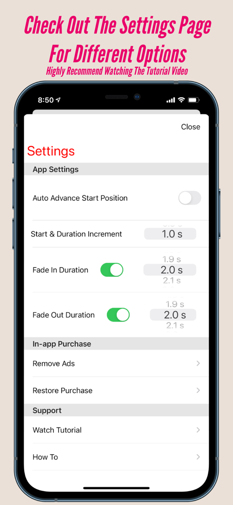 MusicToRingtoneアプリの設定画面。フェードインとフェードアウトの期間などのカスタムオーディオオプションが表示されています。