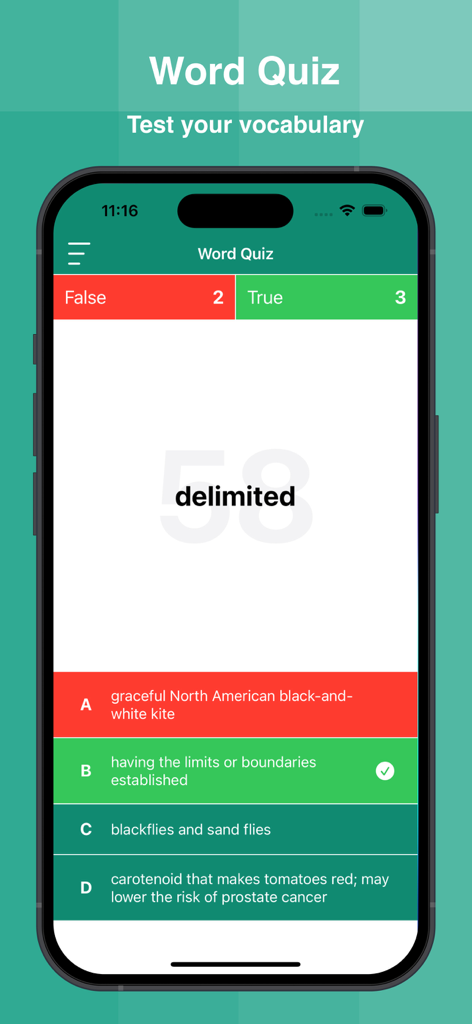 A mobile screen showing the Word Quiz feature of the English Dictionary Offline app where users test their vocabulary with multiple choice questions.