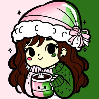 a girl with a santa hat and hot chocolate in a mug