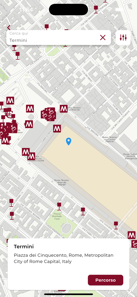 Interfaz del mapa de la aplicación Atac Roma que muestra la estación Termini con iconos de metro y billetes