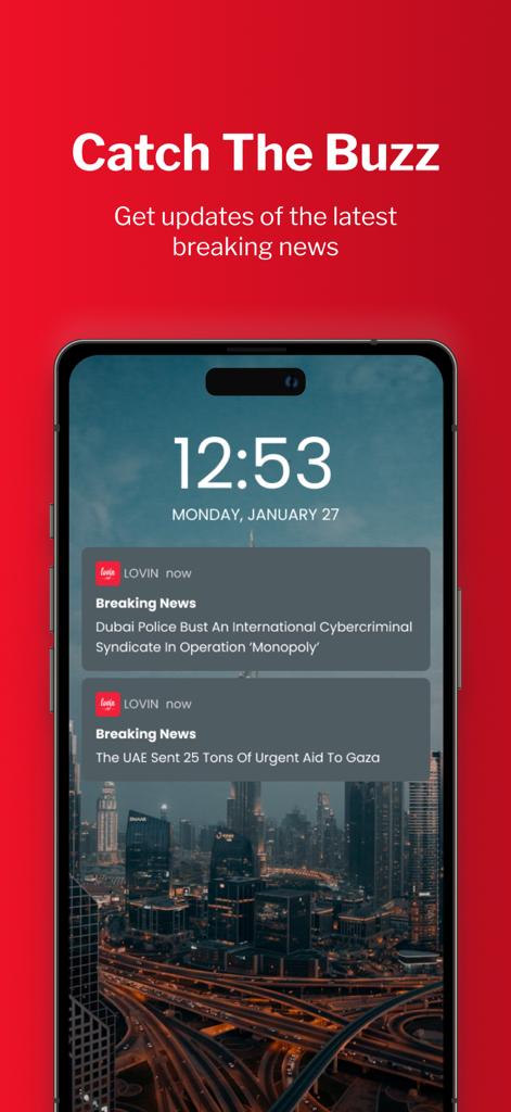 Lovin. - Smartphone screen showing breaking news notifications from the Lovin app