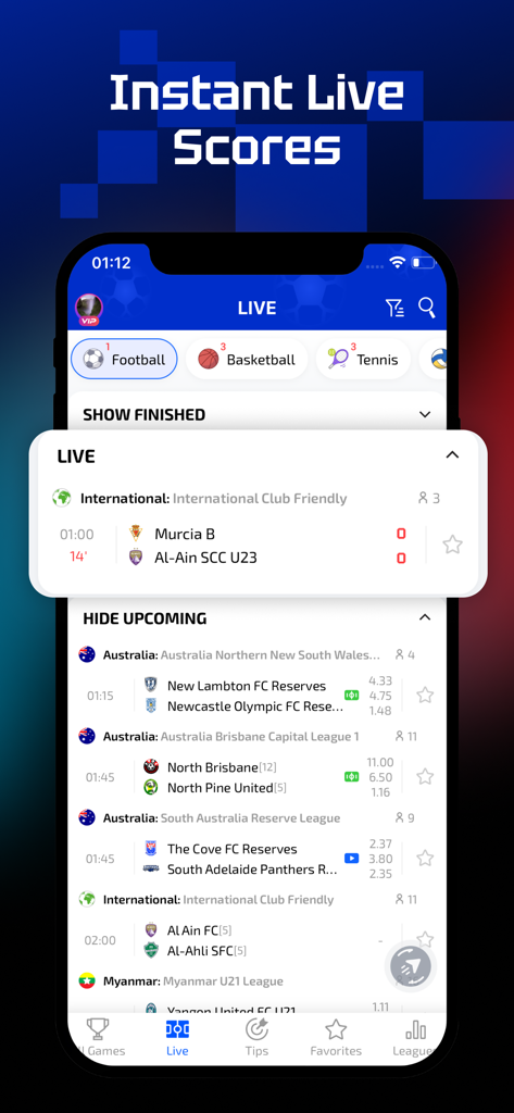 AiScore - Live Sports Scores - AiScore mobile app interface displaying instant live scores and upcoming matches for global sports leagues.