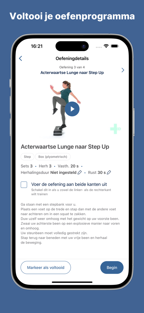 FBTO Online Fysio - Pantalla de la aplicación Fisioterapia Online FBTO mostrando instrucciones de ejercicios de fisioterapia y un tutorial en video