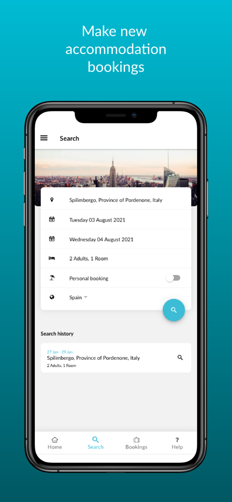 BizAway - Interface de l'application mobile BizAway affichant l'écran de recherche d'hébergement pour les réservations de voyages d'affaires